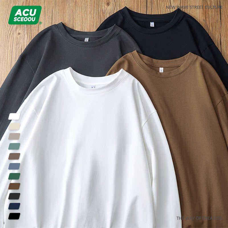 White Long Sleeve T-shirt Men's Pure Cotton 200G G Loose Fashion Brand 2025 New Arrival Fall and Winter New Round Neck Bottoming Shirt Men