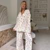Summer Love Heart Print Pajamas Long Sleeve Set 2Pcs Outfit Lapel Sleepwear Button Down Women's Pajamas Nightwear