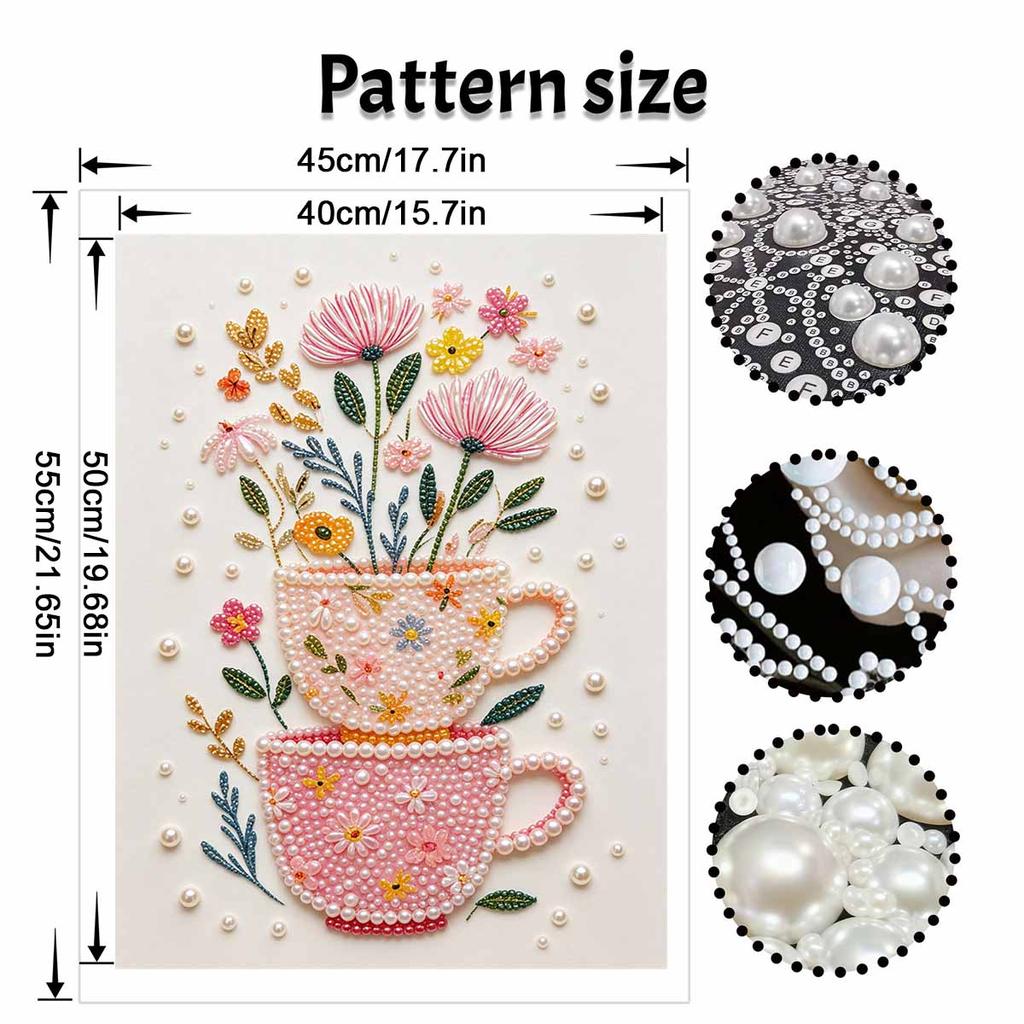 Easy DIY Framed Pearl Bead Painting Kit with Floral Teacup Pattern 3D Sparkling Canvas Art for Home Decoration Elegant Craft Gift Idea