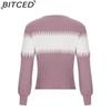 BITCED Color-Block Striped Sweater with Lantern Sleeves Women's O-Neck Top in European Style