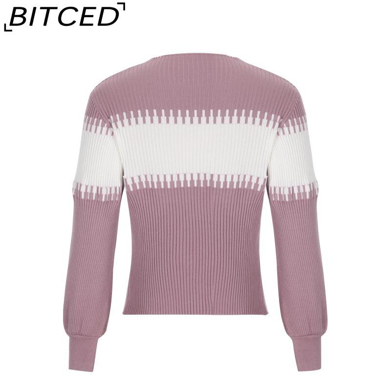 BITCED Color-Block Striped Sweater with Lantern Sleeves Women's O-Neck Top in European Style