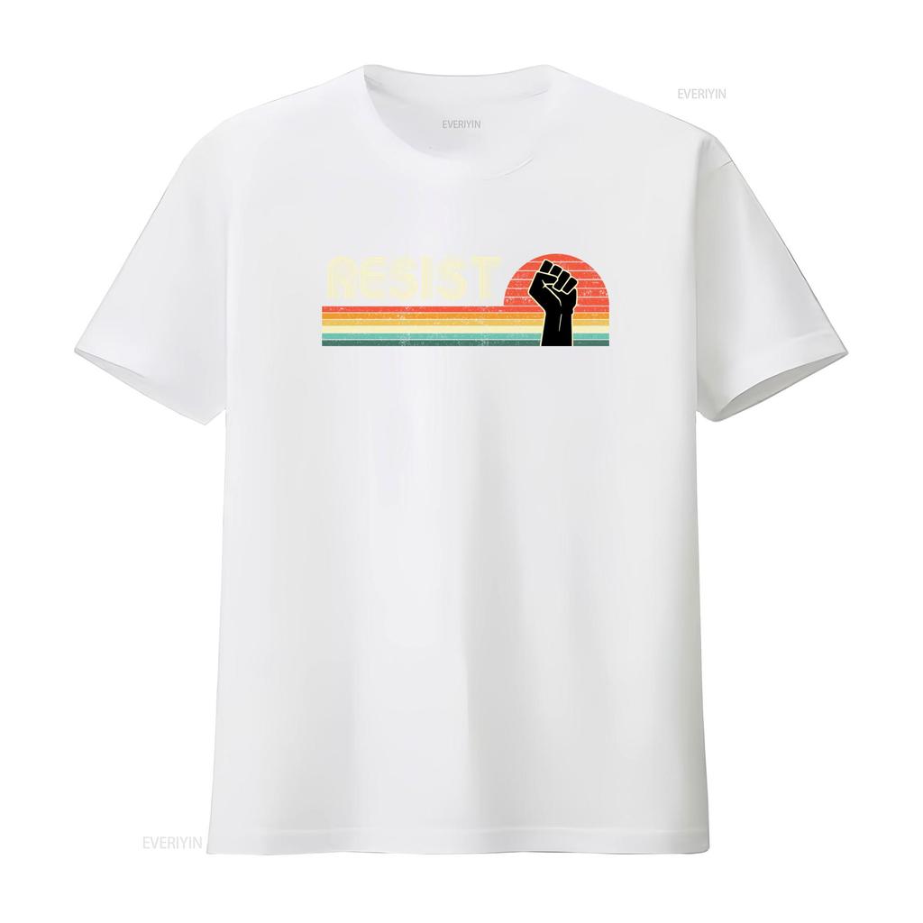Retro Resist T Shirt Vintage Sunset Design With Fist Symbol Trendy Streetwear For Protest And Style Vintage Stretched