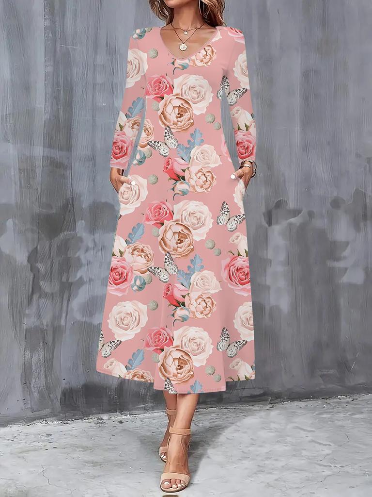 2025 Herbst und Winter Neue Damen Casual Mode Kleid Herbst 3D Blumenmuster Langarm V-Ausschnitt A-Linien Kleider