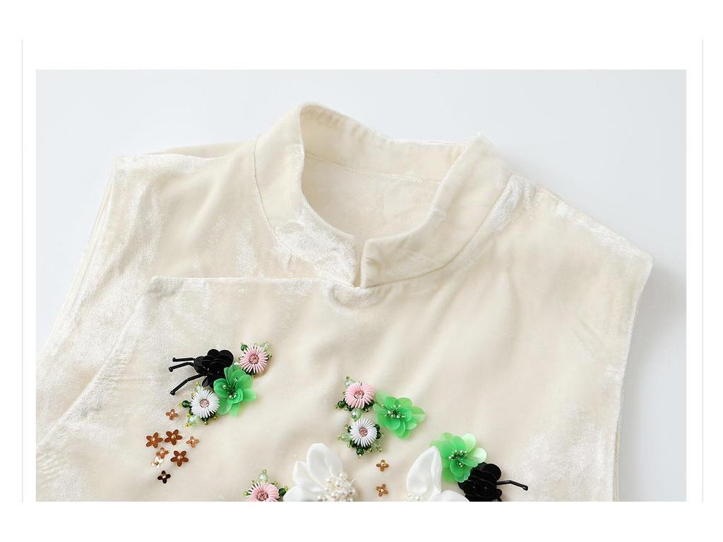 White Beaded Embroidery Vest with Stand-up Collar Shirt and Skirt - New Chinese Style Suit for Women, NZ019