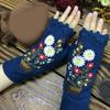 Fingerless Warm Gloves Knitted Mittens Stretchy Cartoon Embroidery Flower Mitten