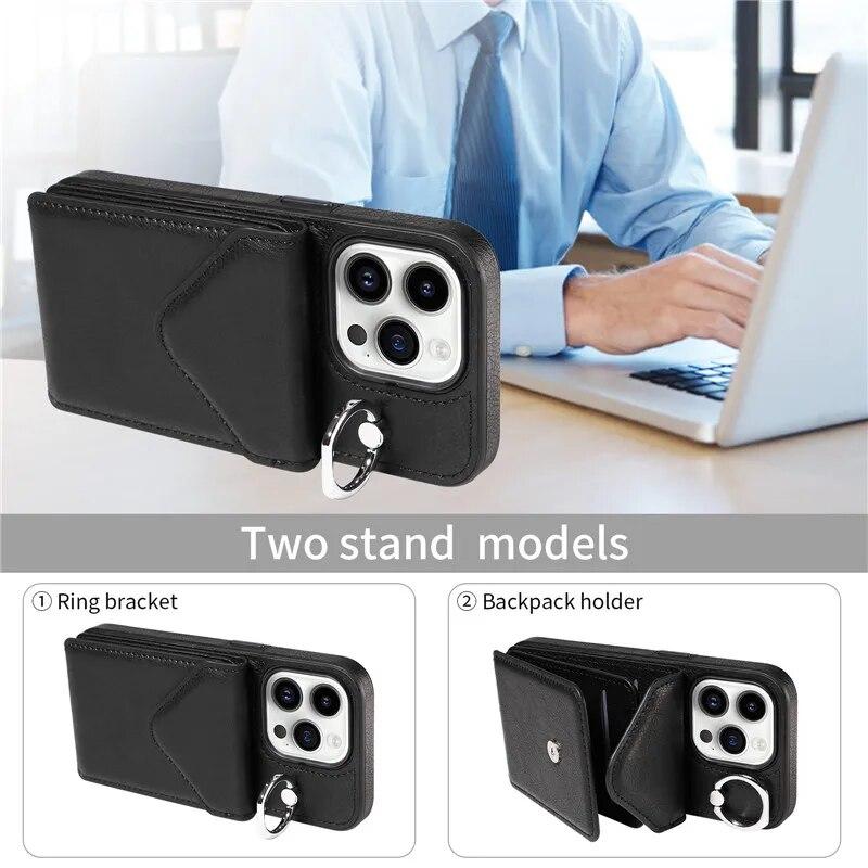 Lanyard Ring bőr pénztárcakártya telefontok iPhone 15 Pro Max 14 13 Pro 12 telefonhoz Samsung Galaxy S24 Ultra S23 Plus S22 S21 FE A25 A15 A54 A34 borító