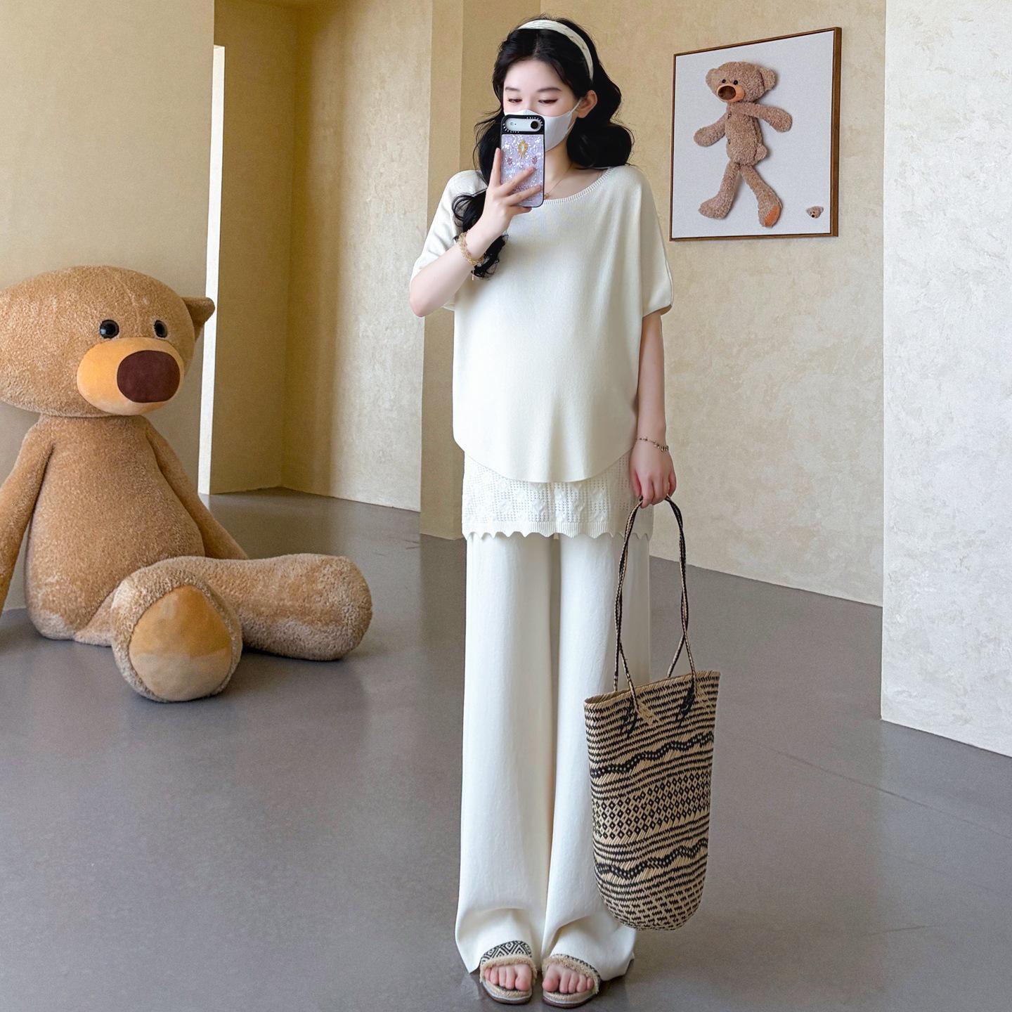 Maternity Summer Chic: Knit Slim-Fit Top + Lace Pants Two-Piece Set L