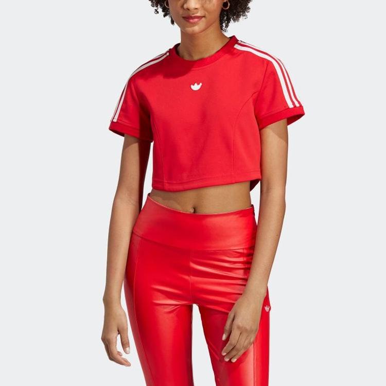 Adidas Originals Trefoil Striped Patchwork Logo Crop Top Women Tops Blue Crimson IB4549