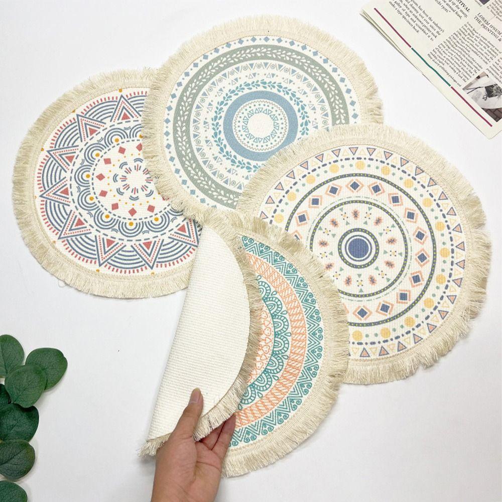 Natural Heat Resistant Bohemian Placemat Non-Slip Weave Braided Table Mat Jute Tassel Woven Mat Kitchen Table