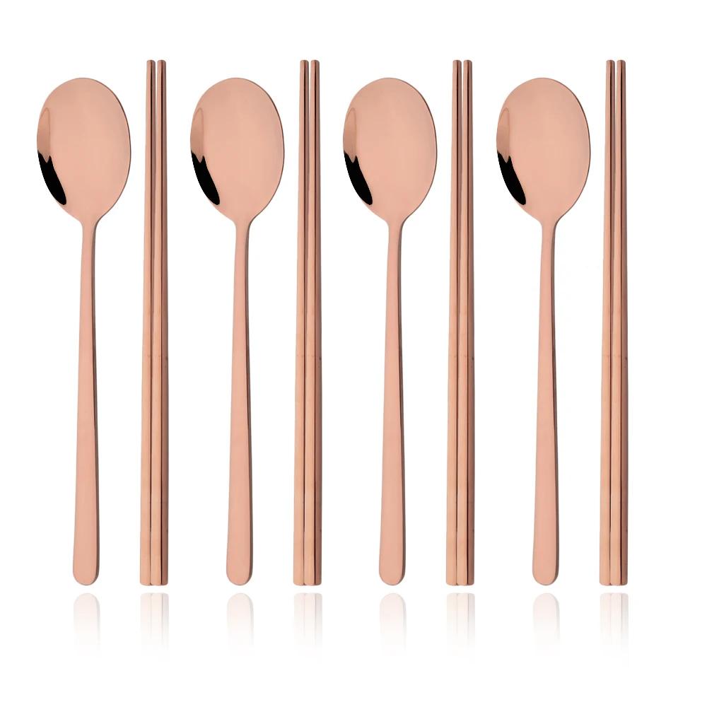 8Pcs/Set Mirror Chopsticks Spoon Cutlery Set Gold Dinnerware Set Luxury Stainless Steel Flatware Korean Tableware Set