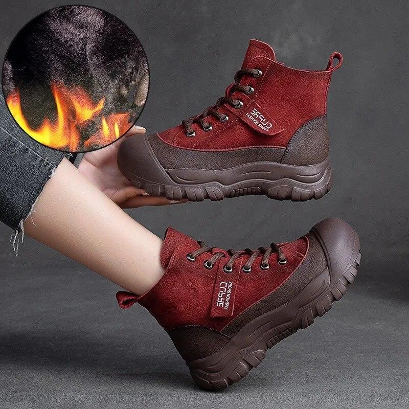 Johnature Stivaletti Invernali Caldi di Peluche Retro in Vera Pelle Tinta Unita Comodi Versatili Scarpe da Donna