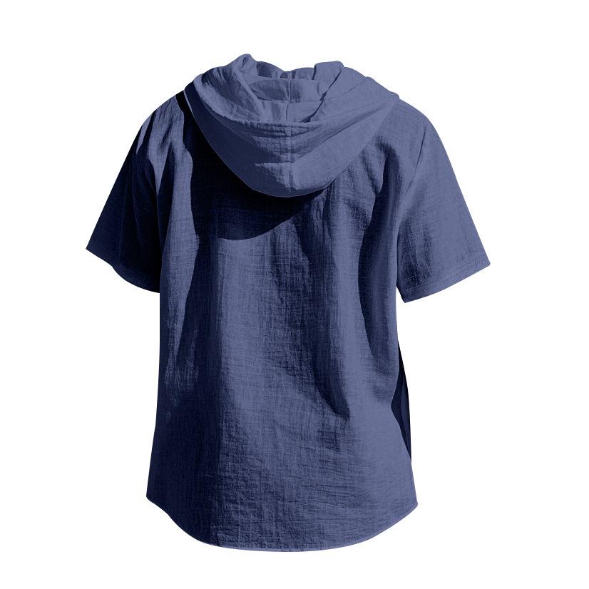 Summer Men's Lightweight Pocketed Breathable Linen Loose-Fit Hooded Cardigan Short-Sleeved Shirt