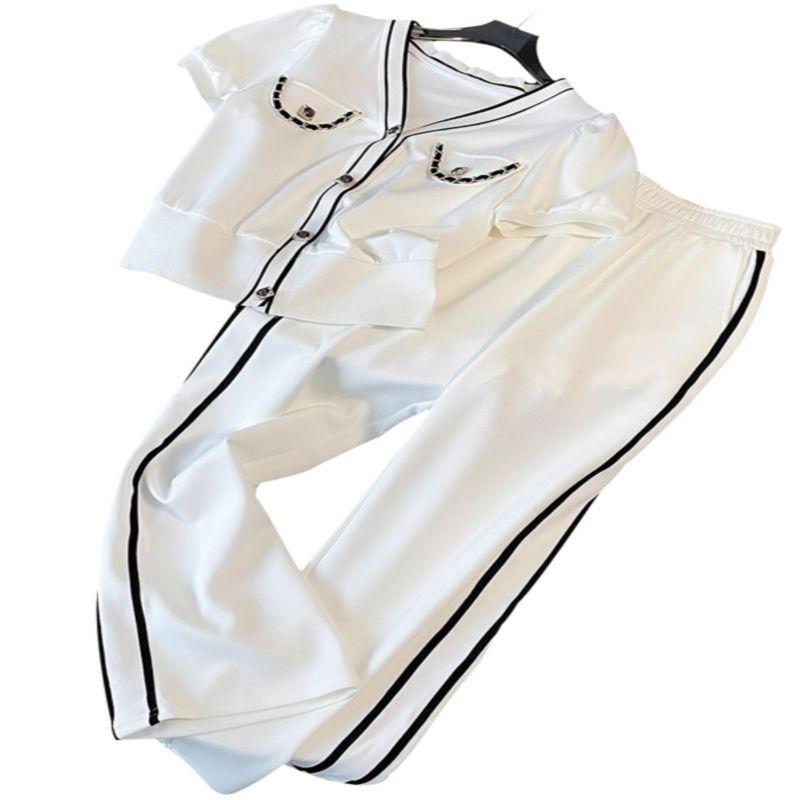 Fashion Suit Women's Summer Salt Based Age Reducing Cardigan Short Sleeved Casual Wide Leg Pants Two-piece Set
