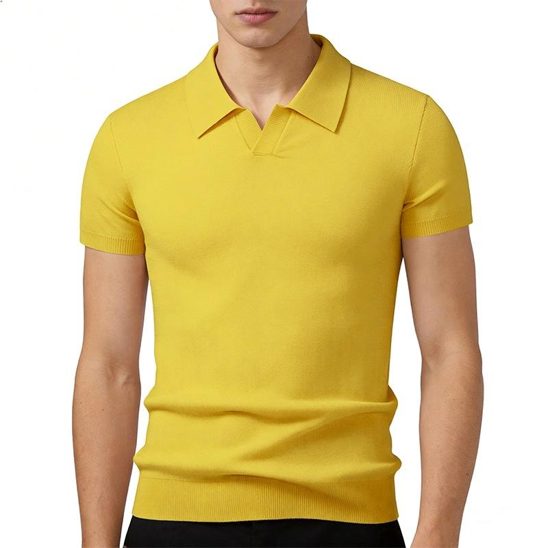 Mens Solid Color V Neck Knit Short Sleeve Polo Shirt