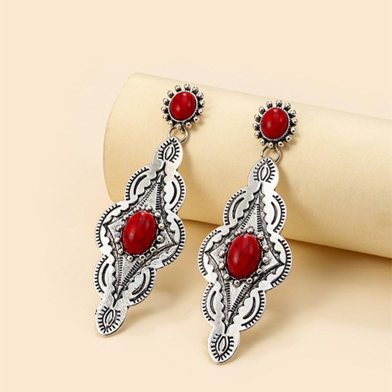 Ethnic Style Turquoise Long Earrings with Personalized Temperament and Exquisite Pattern Inlaid Earrings