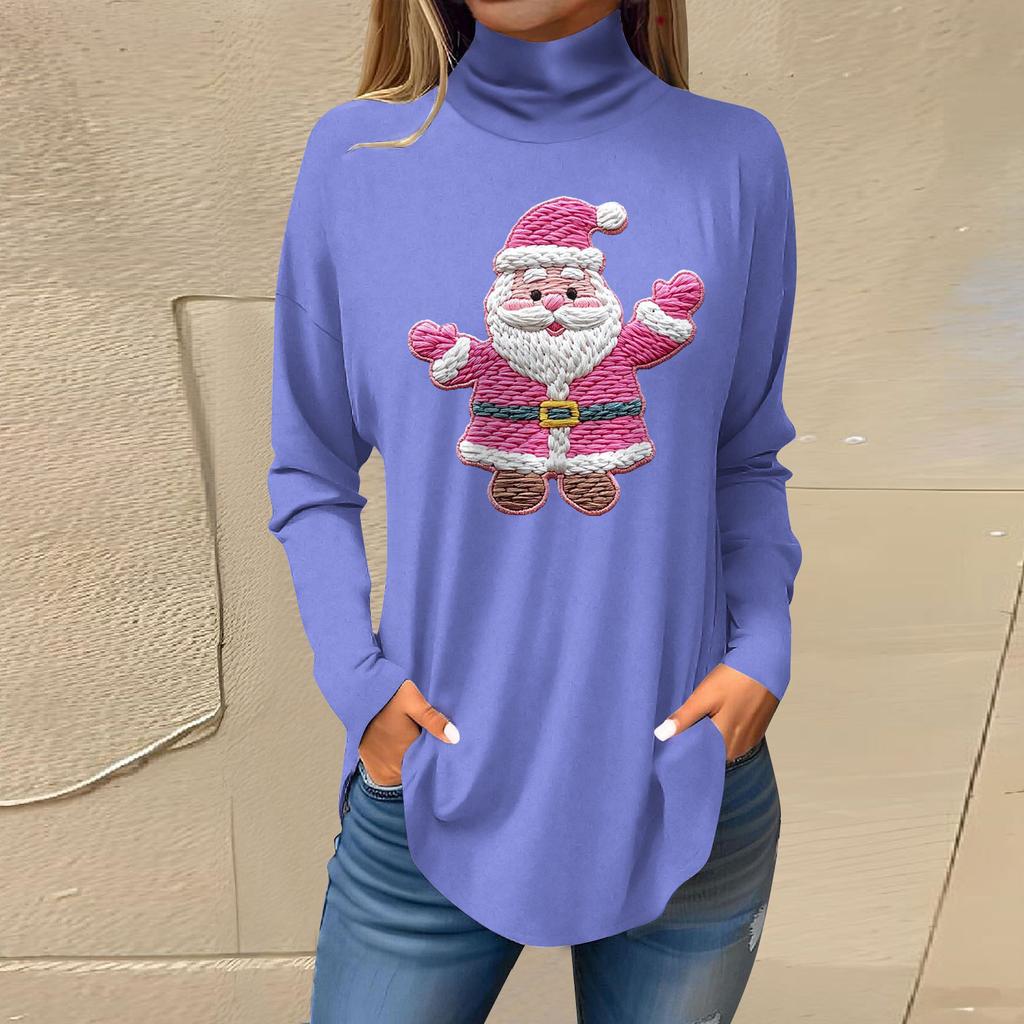 Women's Fashionable Loose-Fit High-Neck T-Shirt With Christmas Print Long-Sleeved Top