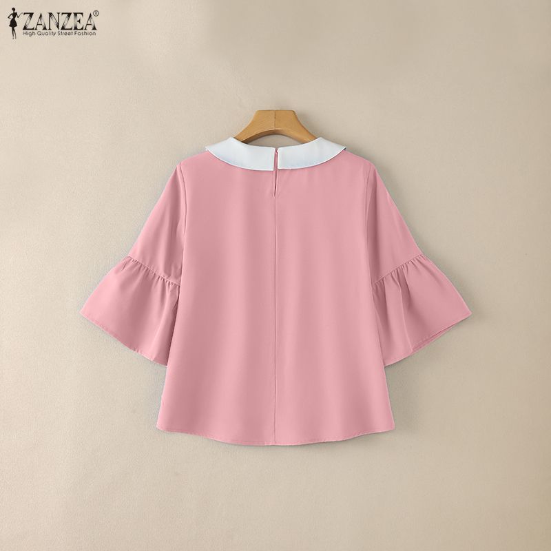 ZANZEA Womens Doll Collar Loose Casual 3/4 Sleeve Blouse
