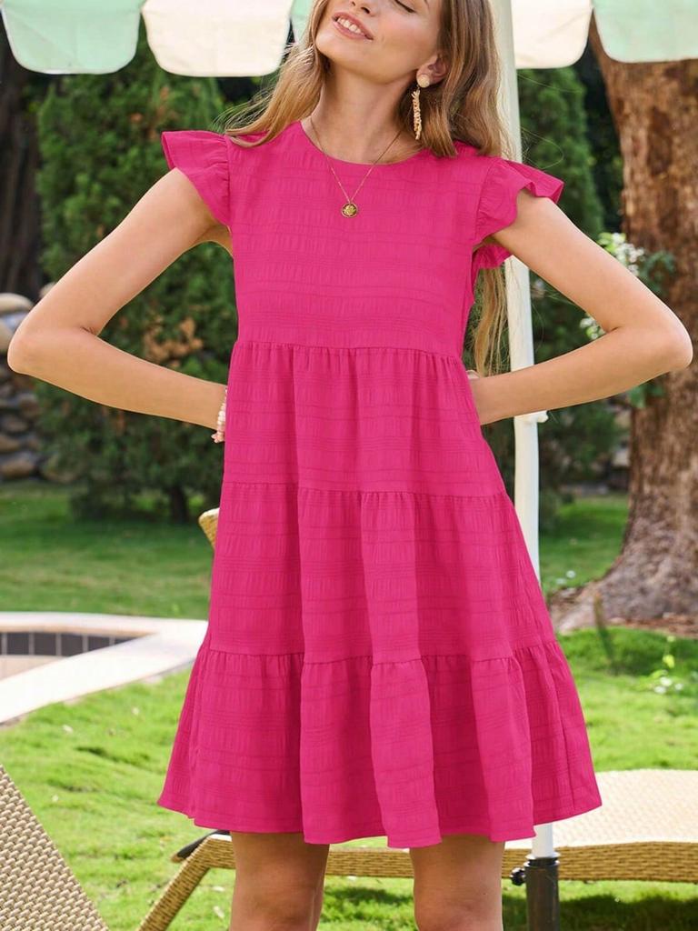 Womens Ruffle Sleeve Mini Dress Loose Fit Babydoll Summer Beach Sundress