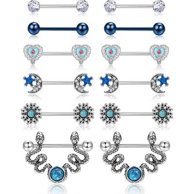 FUNRUN JEWELRY 6 Yes 14G Nipple Ring Women Medical Steel Square Crystal Zircon Heart Pansy Snake Barbell Nipple Ring Cute Nipple Body Piercing