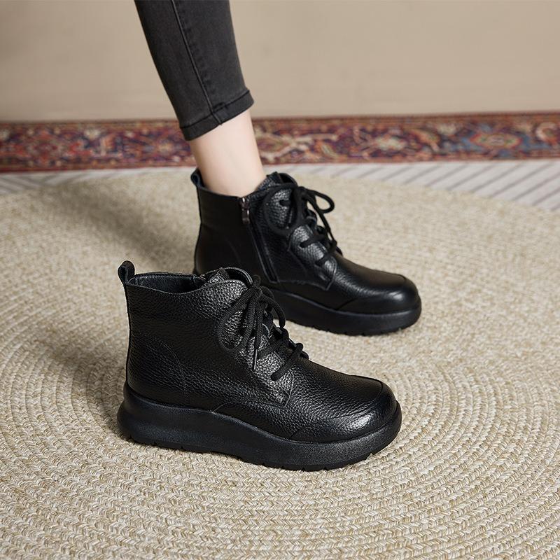 First-layer cowhide single leather Martin boots women's soft-soled soft-faced British retro casual shoes lace-up large-size short boots