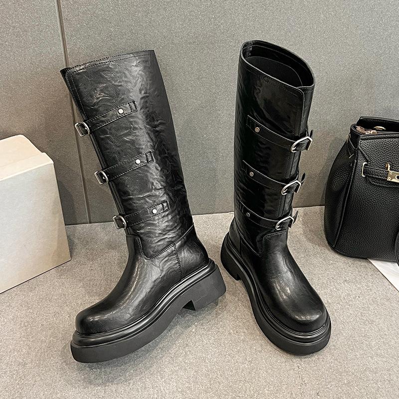 Cowhide Version of Grape Mother, the Same Three-row Belt Buckle Boots, Round Head Thick Sole Heightening Versatile Knight Boots, Women's Boots