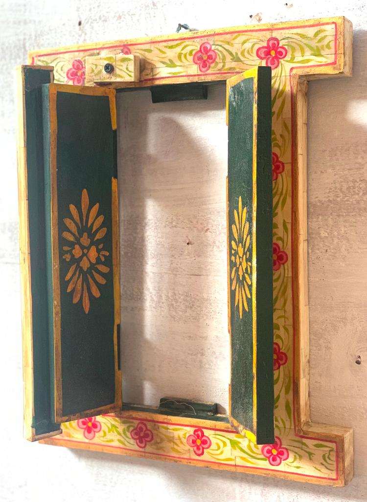 Handmade Wooden Inlay Window: Indian Folk Art Wall Decor