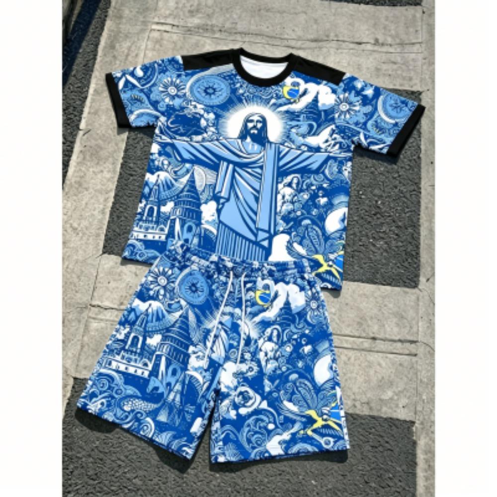 Fashion JESUS Printing Outdoor Street Men's T-shirt and Shorts 2 Piece Set Summer Casual Outfit Men's and Women's Sports Set