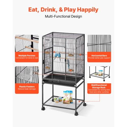 VEVOR Bird Cage, 625 x 425 x 1370 mm, Flat Top, Wrought Iron Bird Flight Cage with Perches, Slide-Out Tray and Plastic Feeders, Casters, for Parrot