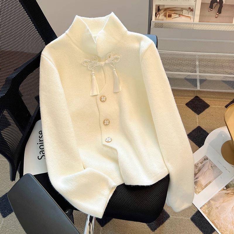 

Элегантный красный кардиган с кисточками в китайском стиле для женщин - Большого размера, стройнящий, с деталью в виде пуговицы-лягушки, идеально подходит для осени и зимы 2XL