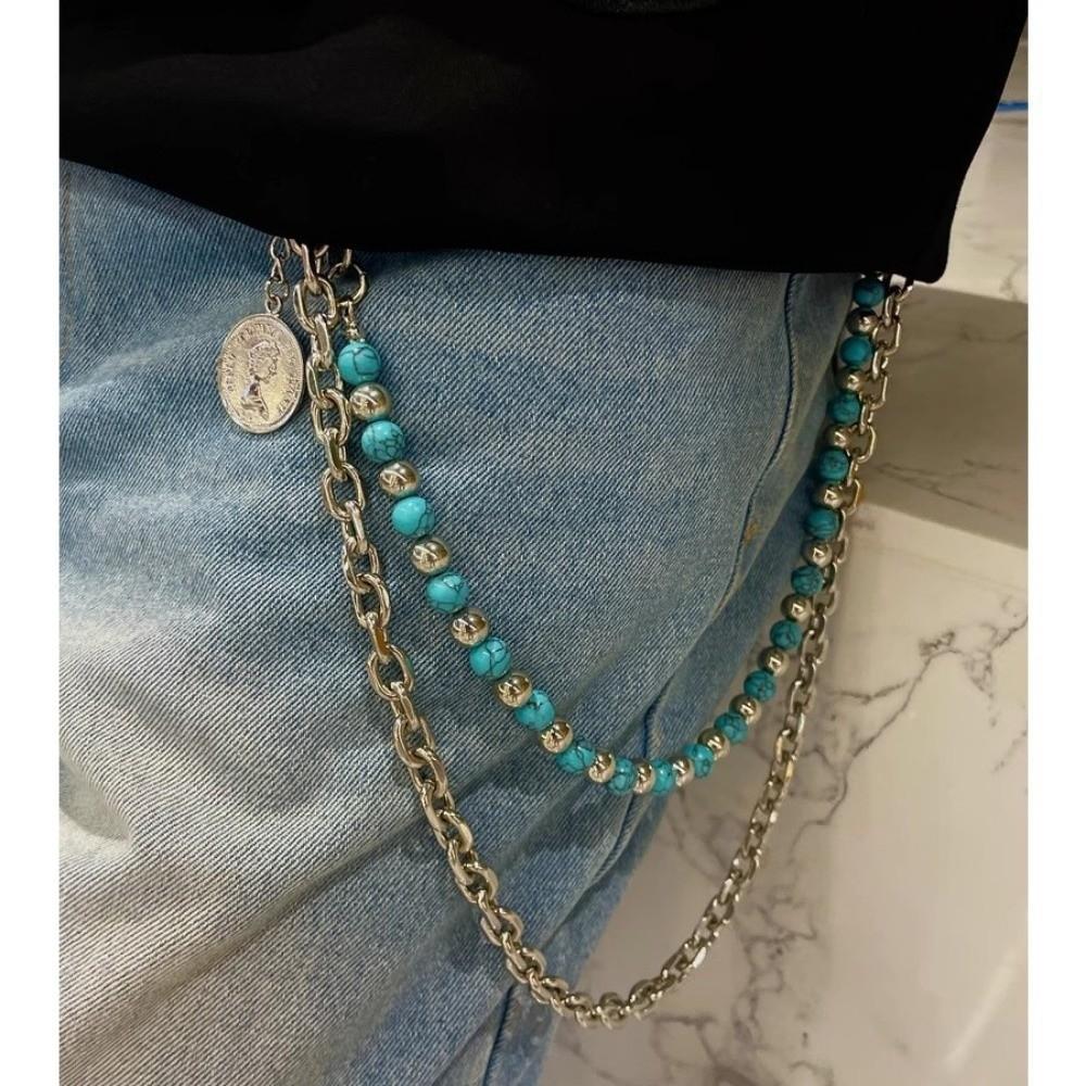 New Punk Pants Belt Chain Hanging Metal Jeans Chain Keychain Blue Beads Double Layer Waist Chain Gifts синий
