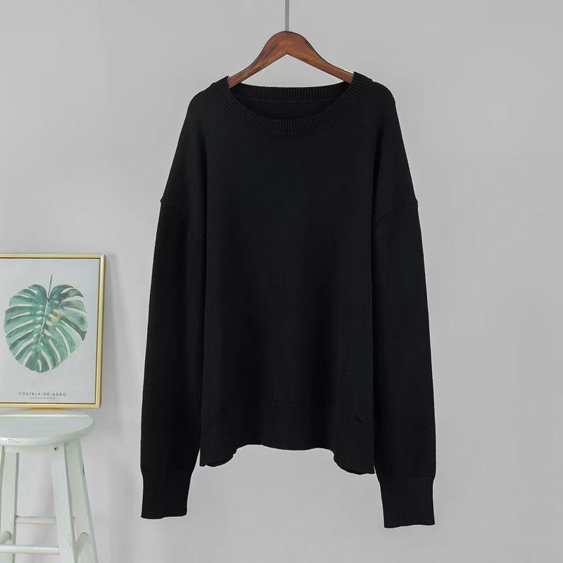 

Fashion New Fashion round Neck Sweater Knitwear Tops Solid Color Loose Knit Sweater Black L