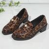 Spring New Leopard Printed Women Loafers Fashion Pearl Decor Thick Heel Ladies Shoes Pu Leather Big Size Office Shoes