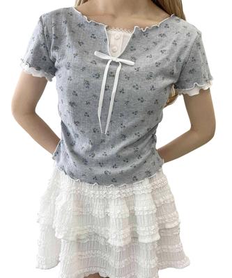 WEGO PHILLY Flower Layered Mellow Gray Top, Women's,