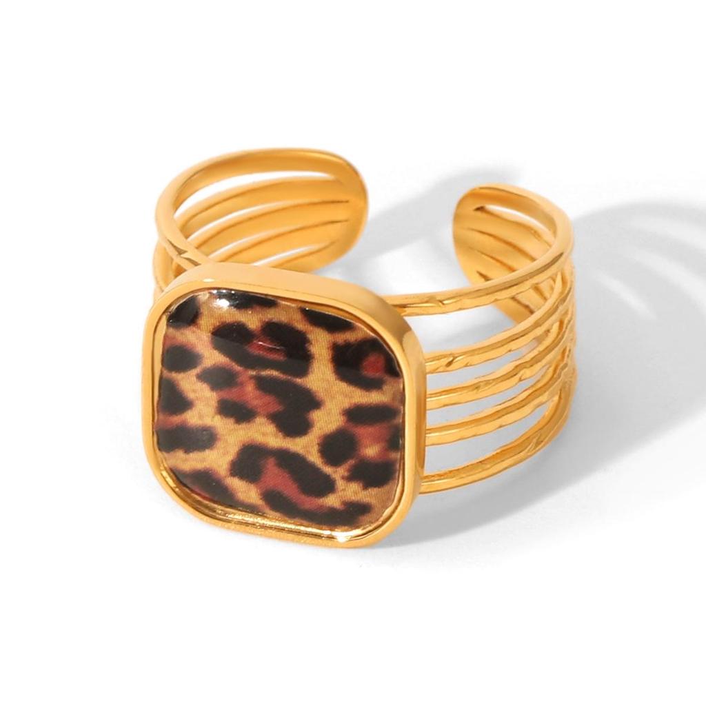 Trendy Leopard Print Stainless Steel Adjustable Ring for Women - 18k Gold Plated Titanium Fashion Jewelry Ring
