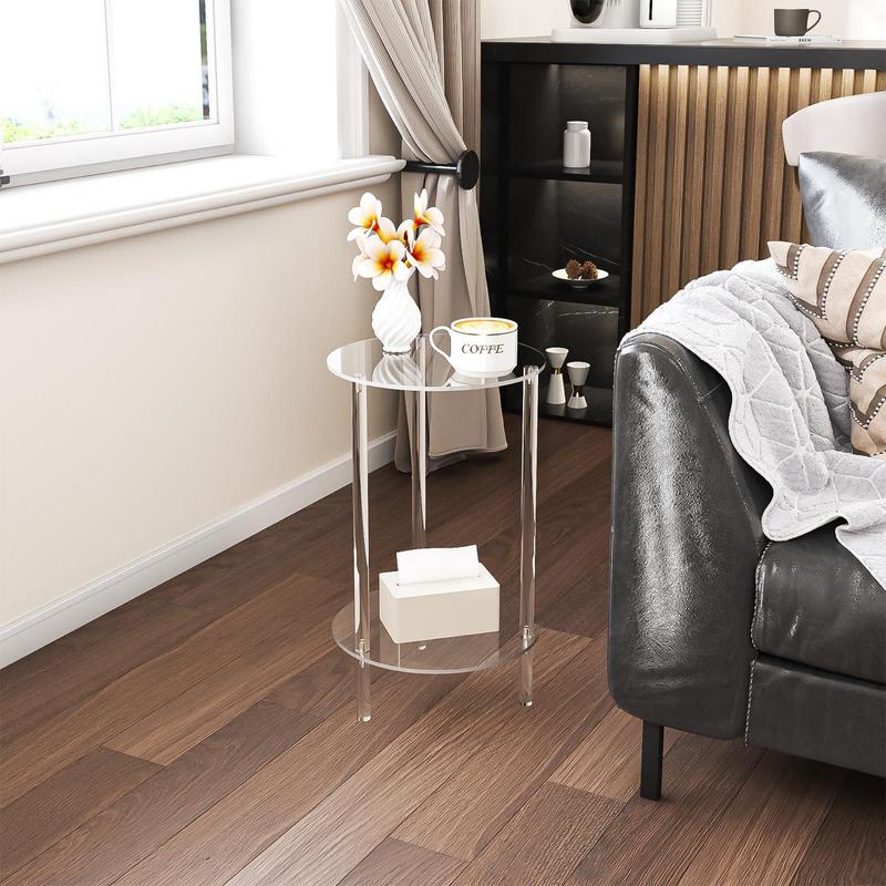 Modern Round End Drink Table Acrylic Tabletop Side Table Transparent Small Round End Table for Living Room Bedroom Decoration