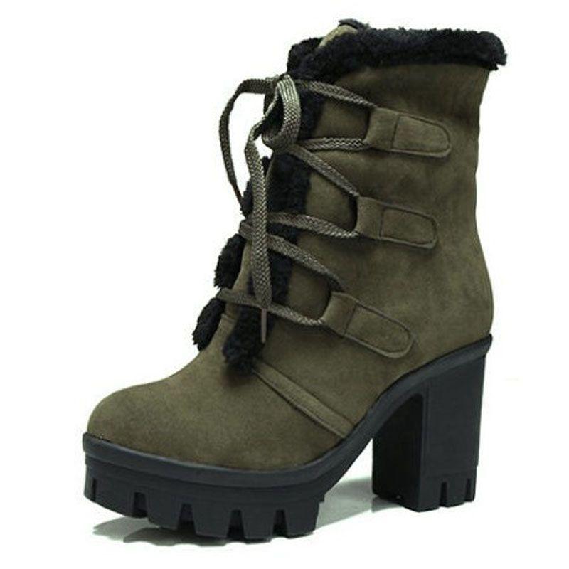 Women's Boots Suede High Heel Boots Vintage Winter Ladies Fur Warm Platform Snow Boots Lace Up Cosplay High Heel Shoes 34-43