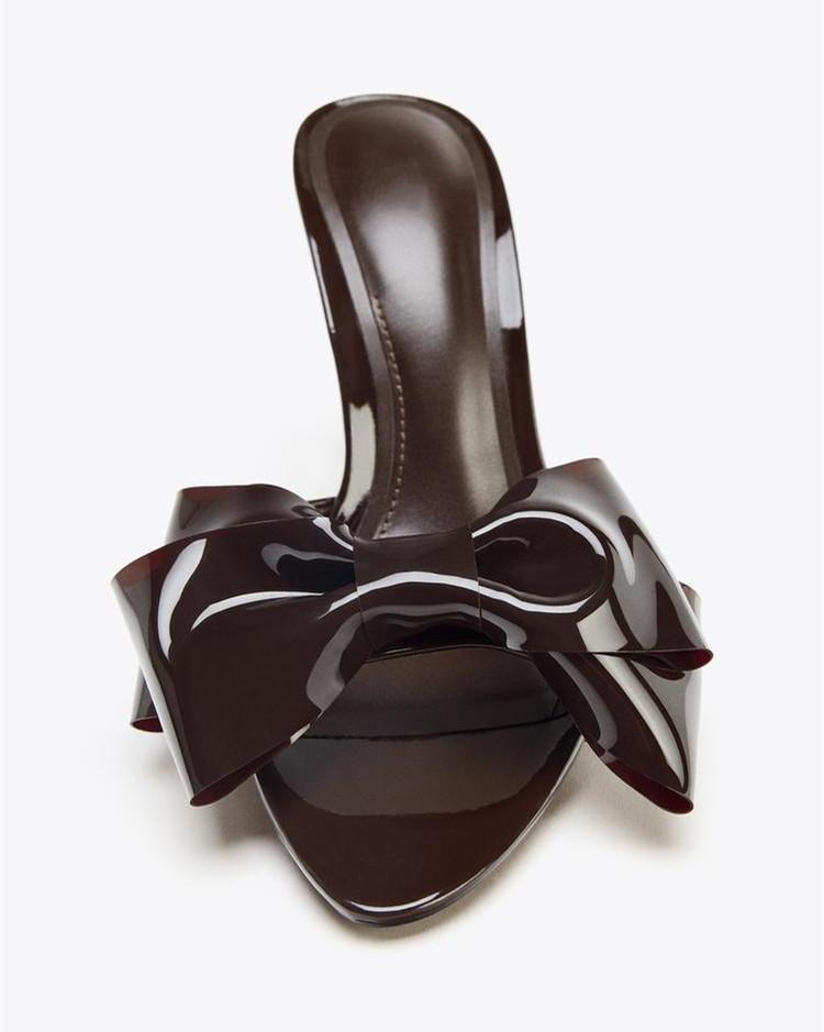 Fashion Sexy Peep Toe Thin Heeled Sandals Women Patent Leather Butterfly Knot Decoration Slippers Elegant Pointed Toe Party High Heels