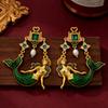 Mermaid Enamel Pearl Drop Earrings Gold Plated Green Crystal Vintage Luxury Statement Party Gift Jewelry Vintalume