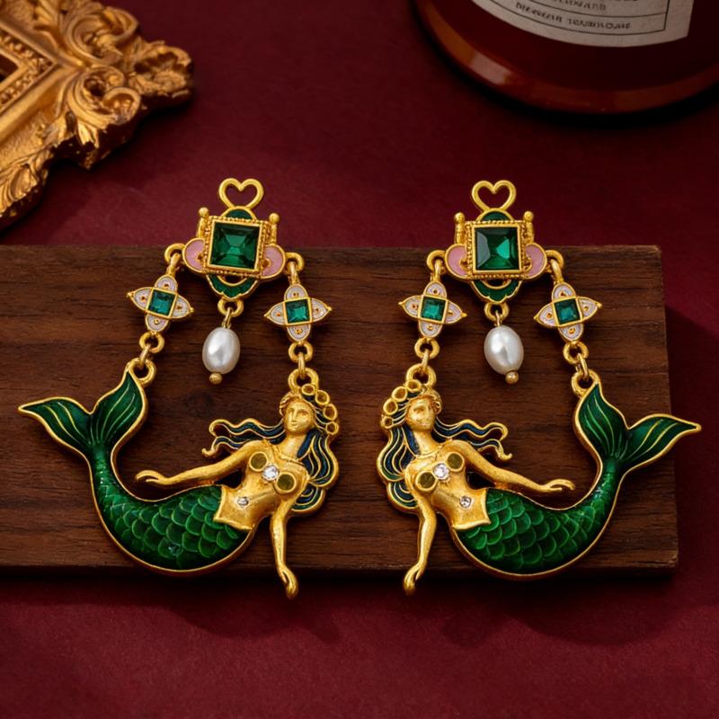 Mermaid Enamel Pearl Drop Earrings Gold Plated Green Crystal Vintage Luxury Statement Party Gift Jewelry Vintalume