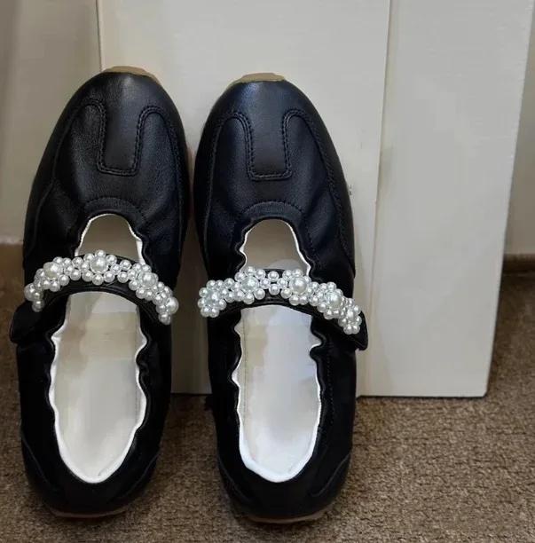 Fashion Retro Pearl Mary Jane Ballet Flat Shoes Women's Spring Autumn New Style Sports Casual Leather Dequanyi Rubber Bottom