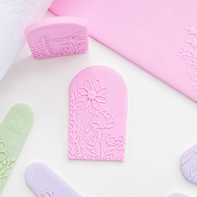 Ergonomic Floral Pattern Clay Embossing Roller For Polymer Jewelry Making Earrings Crafting Supplies Rolling Pin