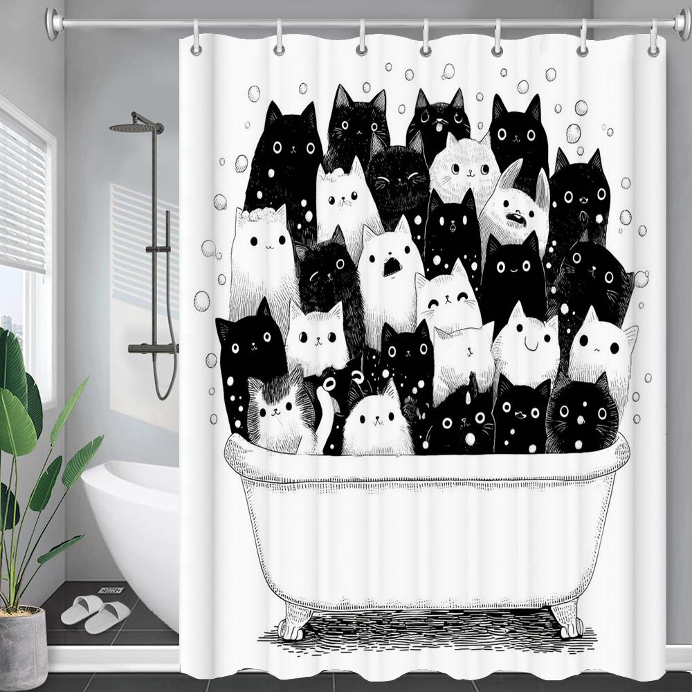 Black White Modern Cute Cartoon Cats Shower Curtain, Bathroom Decorative Shower Curtain, Home Printed Shower Curtain With Hooks