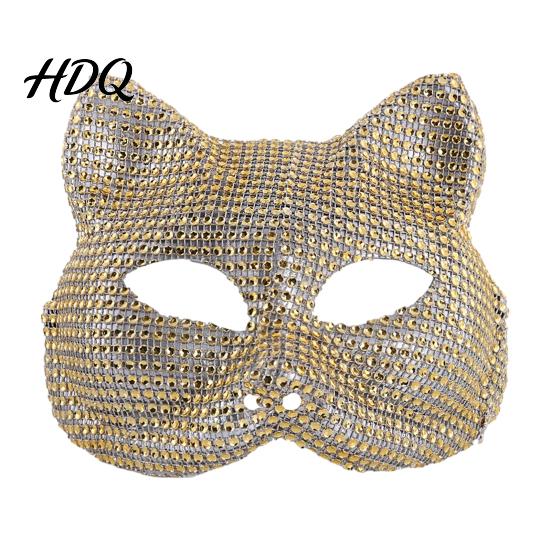 Cosplay Costume Props Full Rhinestone Halloween Mask Sparkling Skull And Cat Face Half Mask Adjustable Elastic Straps for Carnival Theme Dances Shiny