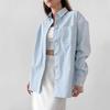 Casual Loose Cotton Shirt Women Blue Turn-Down Collar Long Sleeve Top Office Wear Everyday Outfit