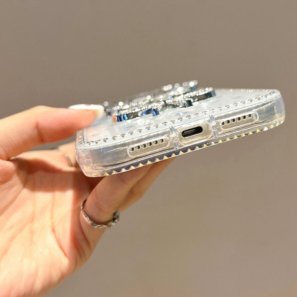 KEYSION Cute 3D Cat Ear Transparent Phone Case for iPhone 14 15 Pro Max 14 15 Plus Glitter Jewelled Bowknot Shockproof Back Cover