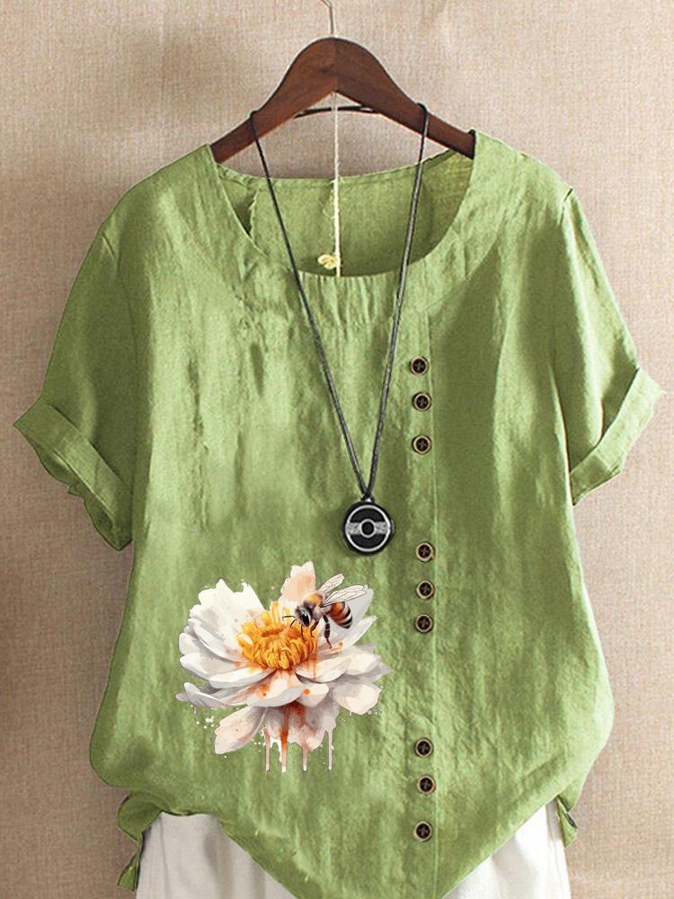 Damenmode Blume Biene Print Rundhals Kurzarm T-Shirt Lässig Baumwolle Leinen Grafikshirt Freizeit Locker Sommer Bluse Oberteile