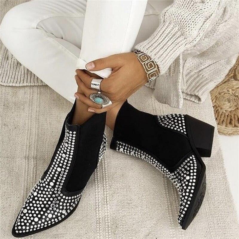 Design  High Quality Square Heels Classic Fashion Rivets Elastic Ankle Boots Shoes Women Chelsea Boots