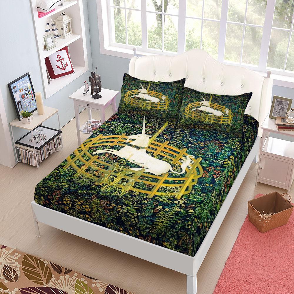 Medieval Unicorn In Grove  Fitted Sheet Set King Queen Double Full Size Bed Linen Set
