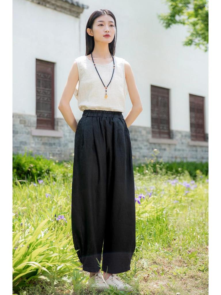 Spring Summer Artistic Loose Sand-Washed Linen Casual Pants for Women - Slimming, Lightweight Meditation Lantern Style