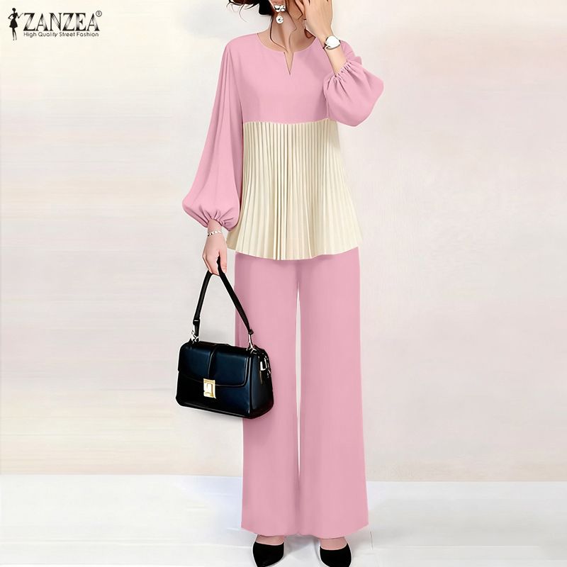 ZANZEA Damen Langarm Patchwork Bluse und Hose Lässige Zweiteilige Anzugsets
